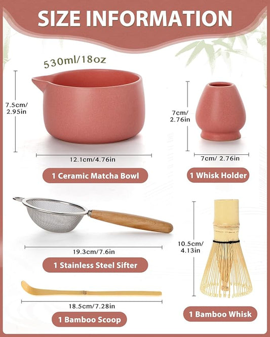 20OZ Matcha Whisk Set - 5PCS Matcha Set Includes Macha Bowl with Spout, Bamboo Whisk with Ceramic Holder, Bamboo Scoop and Sifter