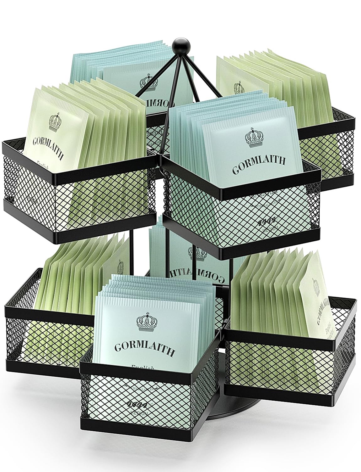 VOGWOLTH Tea Bag Organizer, Tea Bag Storage Holder Spinning Carousel 96 Teabags Container, Lazy Susan Coffee Creamer