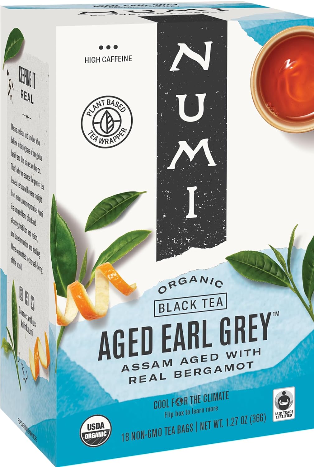 Numi Organic Tea, Aged Earl Grey, 18 Non-GMO Black Tea Bags