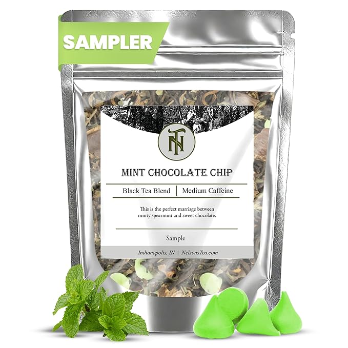 Nelson's Tea - Mint Chocolate Chip - Black Loose Leaf Tea - Pu-erh black tea, spearmint leaf, carob bean pods, mint chocolate chips, and natural flavoring (Sample 0.4 Oz)