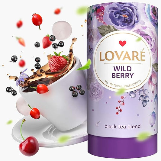 LOVARE Wild Berry Loose Leaf Tea 80 g - Made in Ukraine - Black Tea, Cherry, Roses, Hawthorn Berries, Elderberry, Black Currant Berries, Strawberry - Gift Box with 15 Paper Filters