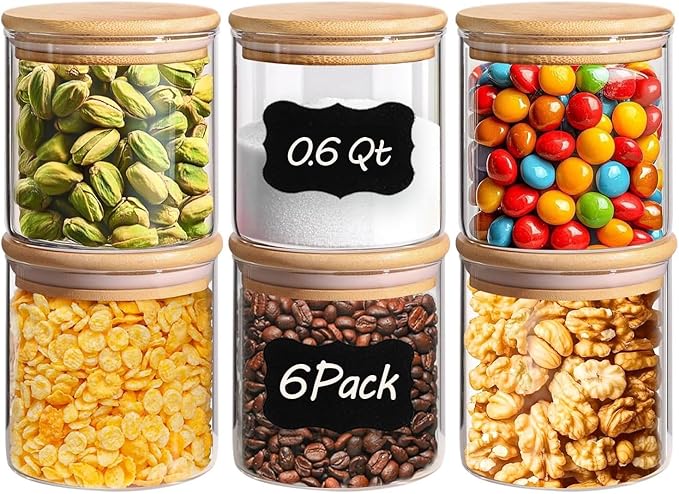 ComSaf Airtight Glass Food Storage Jars Set of 6, 0.6 Qt Clear Glass Food Storage Container with Sealing Wooden Lid, Stackable Spice Jar