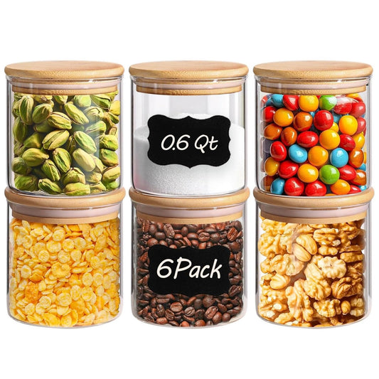 ComSaf Airtight Glass Food Storage Jars Set of 6, 0.6 Qt Clear Glass Food Storage Container with Sealing Wooden Lid, Stackable Spice Jar