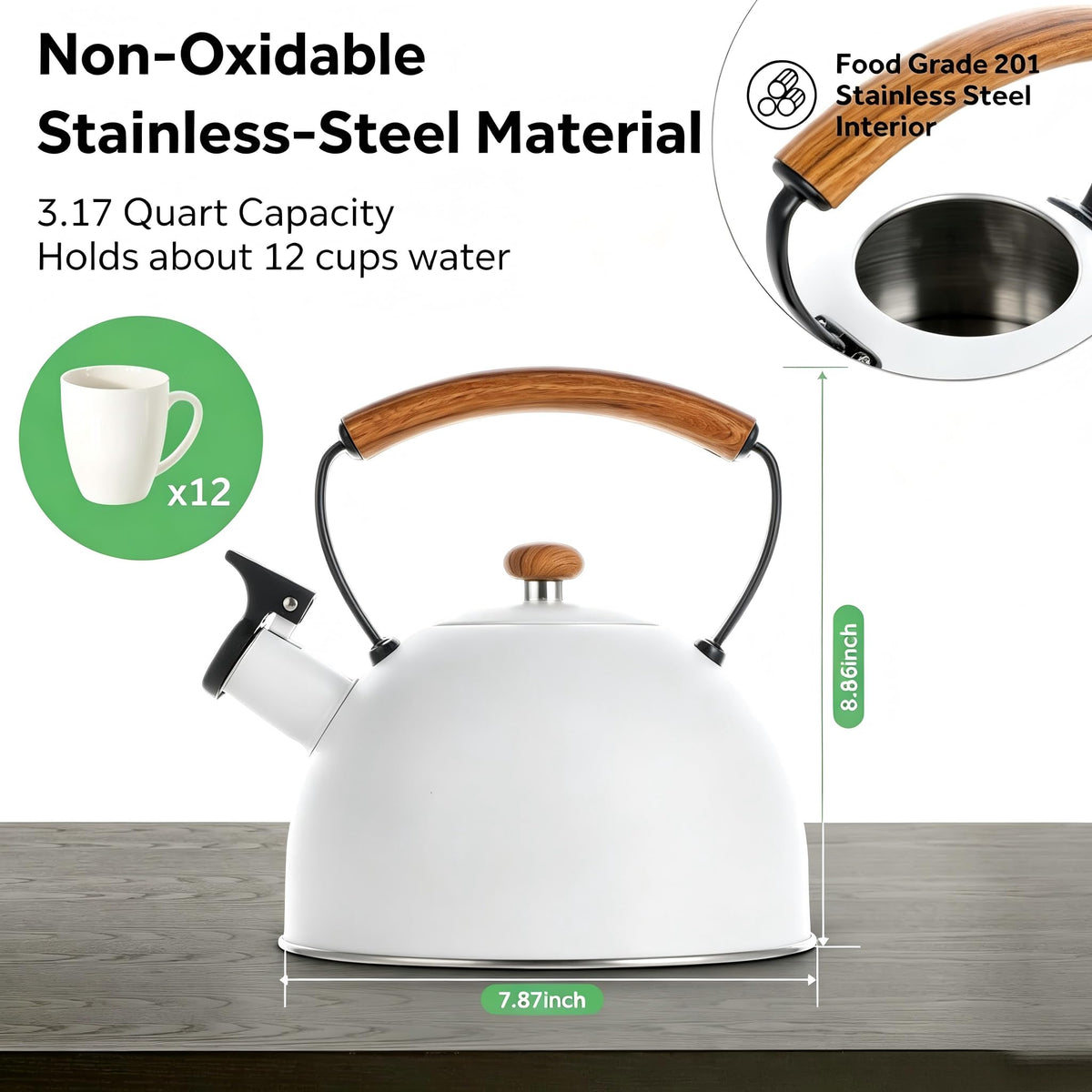 Ray Bear 101oz/3.2 Quart Whistling Tea Kettle Stovetop, White
