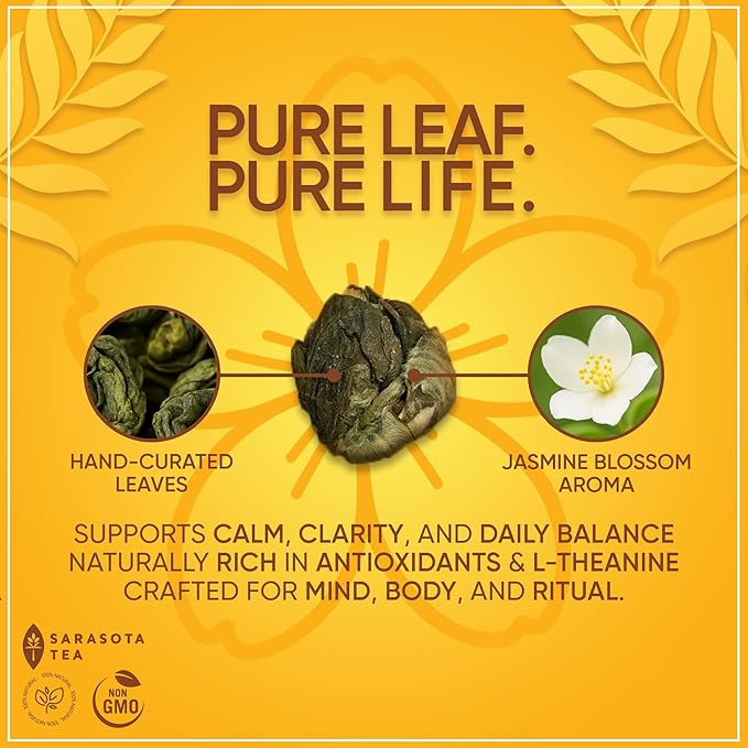 Organic Jasmine Pearls Loose Leaf Tea | Hand-Rolled Green Tea Scented with Jasmine Blossoms | USDA Organic | Premium Dragon Pearls | 4.4oz Bag | Floral & Smooth | Non-GMO