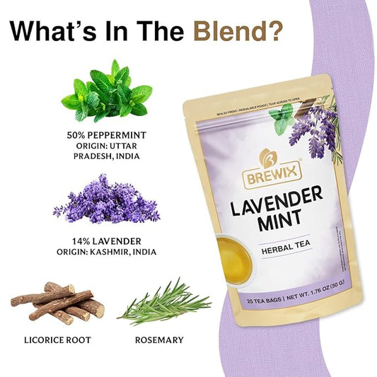 BREWIX, Lavender Mint (25 Pyramid Tea Bags) | Herbal, Caffeine Free, Lavender with Peppermint and Rosemary