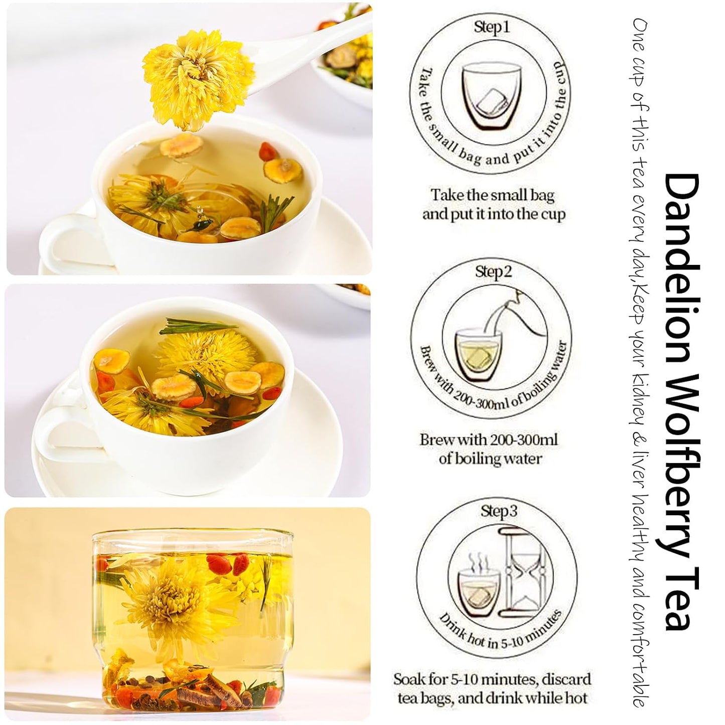 Dandelion Wolfberry Tea - Kidneys &amp; Liver Health Tea, Seven Herbal Ingredients Natural Blend, Dandelion Herbal Tea Bags Organic 120g/12PC (1Bag(12Pcs))