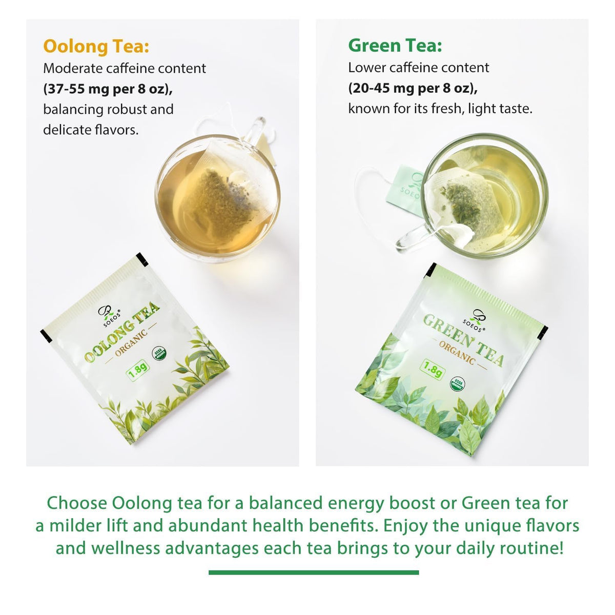 Soeos Organic Oolong Tea, 100 Tea Bags, USDA Certify, Low Caffeine, 6.3 oz (180 g)
