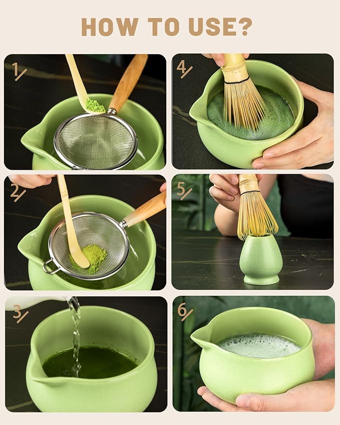 Nucookery Matcha Whisk Set - 5 Pcs Matcha Set with 18oz Ceramic Matcha Bowl (Chawan) with Spout, Bamboo Whisk & Holder, Scoop and Sifter | Complete Matcha Kit for Japanese Tea Ceremony