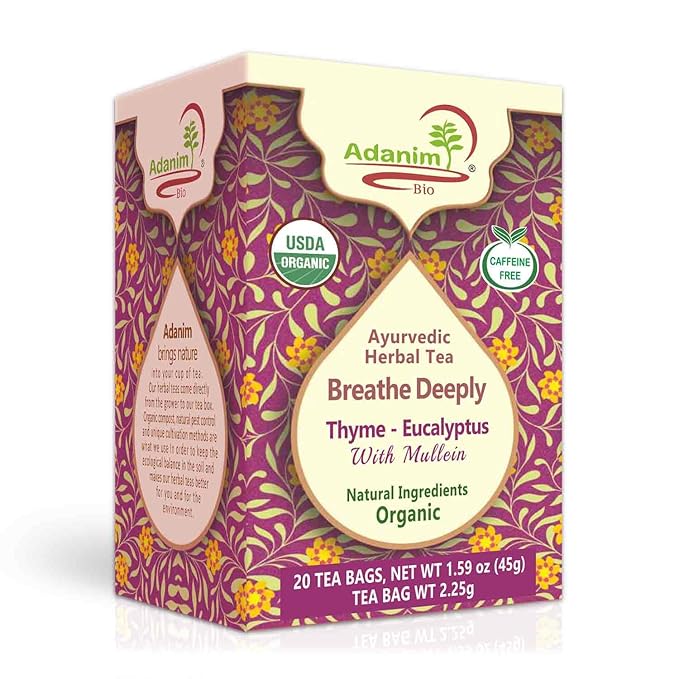 Adanim Bio Ayurvedic Herbal Tea Breathe Deeply Thyme Eucalyptus Mullein Tea USDA Organic Antioxidant Rich Healthy Herbal Tea Wellness 20 Tea Bags