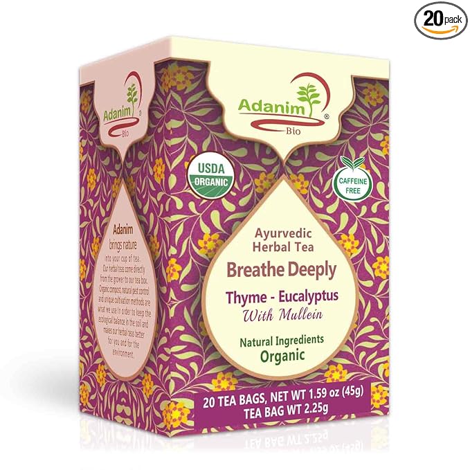 Adanim Bio Ayurvedic Herbal Tea Breathe Deeply Thyme Eucalyptus Mullein Tea USDA Organic Antioxidant Rich Healthy Herbal Tea Wellness 20 Tea Bags