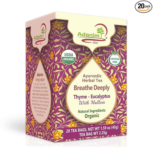 Adanim Bio Ayurvedic Herbal Tea Breathe Deeply Thyme Eucalyptus Mullein Tea USDA Organic Antioxidant Rich Healthy Herbal Tea Wellness 20 Tea Bags