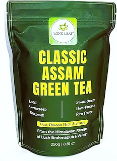 CLASSIC ASSAM GREEN TEA, Green Tea, Loose Leaf (250g/8.81oz)/100 Cups | Non-GMO, 100% Pure Organic Green Tea Leaves Sourced from Lush Brahmaputra Valley in the Himalayan Foothills, Assam, India | Resealable Ziplock Pouch
