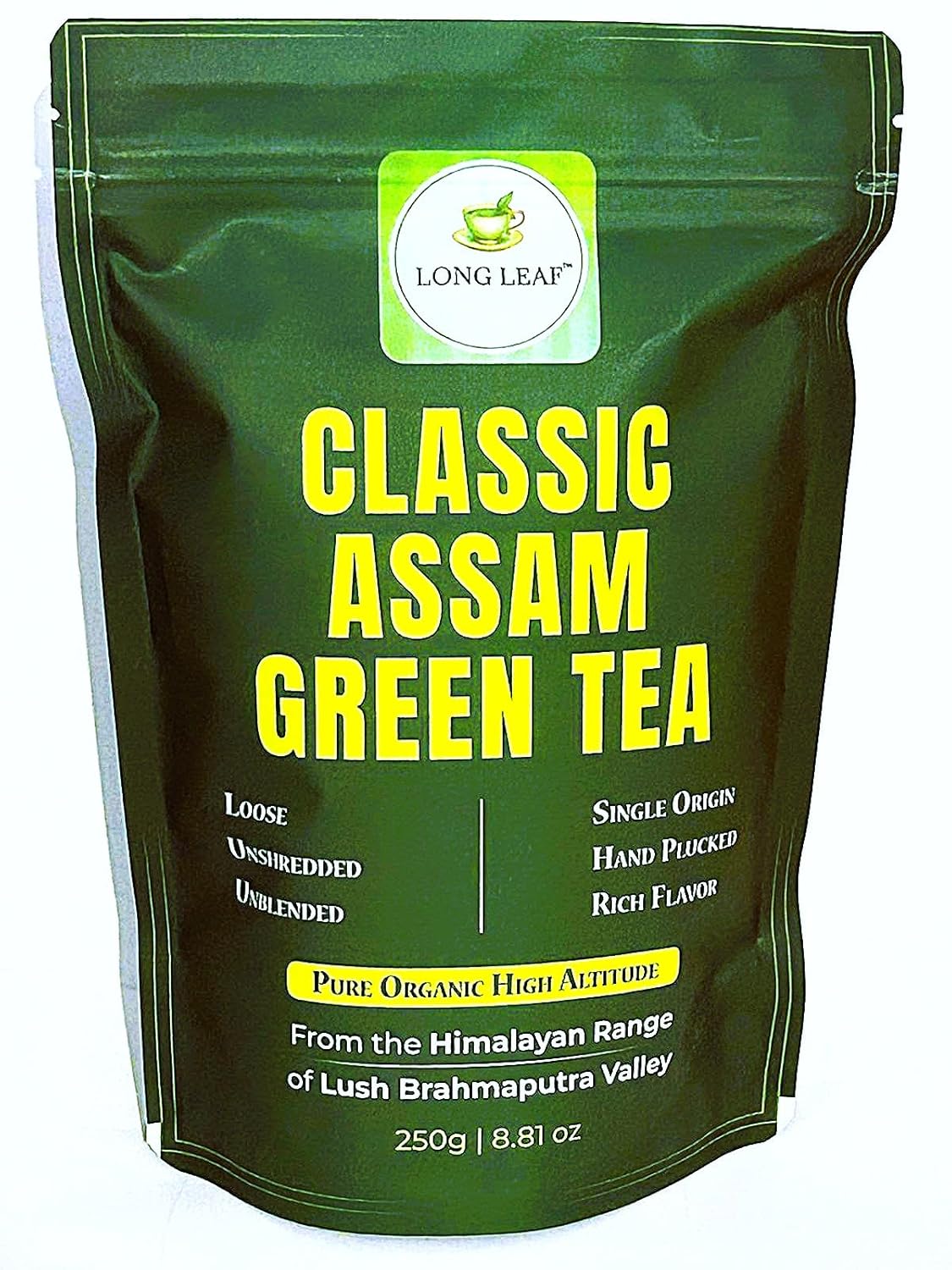 CLASSIC ASSAM GREEN TEA, Green Tea, Loose Leaf (250g/8.81oz)/100 Cups | Non-GMO, 100% Pure Organic Green Tea Leaves Sourced from Lush Brahmaputra Valley in the Himalayan Foothills, Assam, India | Resealable Ziplock Pouch