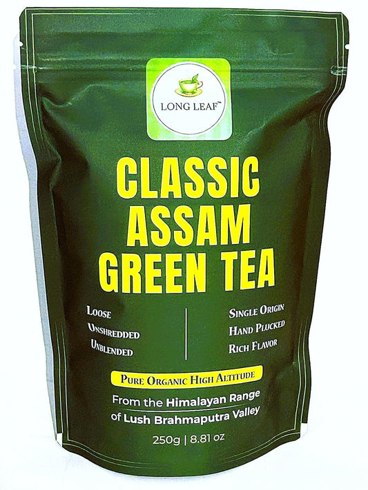 CLASSIC ASSAM GREEN TEA, Green Tea, Loose Leaf (250g/8.81oz)/100 Cups | Non-GMO, 100% Pure Organic Green Tea Leaves Sourced from Lush Brahmaputra Valley in the Himalayan Foothills, Assam, India | Resealable Ziplock Pouch
