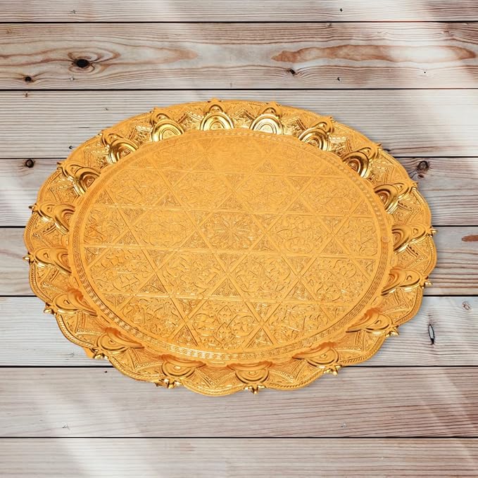 Alisveristime Turkish Ottoman Coffee Tea Beverage Serving Zamac Tray (34cm - 13,38inch) (750 Gram - 1,65 pounds) (Gold)
