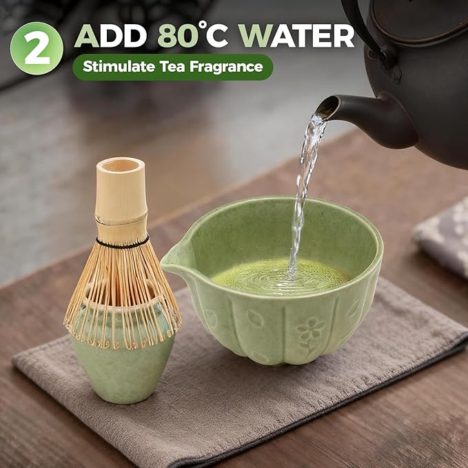 Matcha Whisk Set-5pcs, 16OZ Japanese Tea Set Includes Matcha Bowl with Spout, Bamboo Whisk with Ceramic Holder