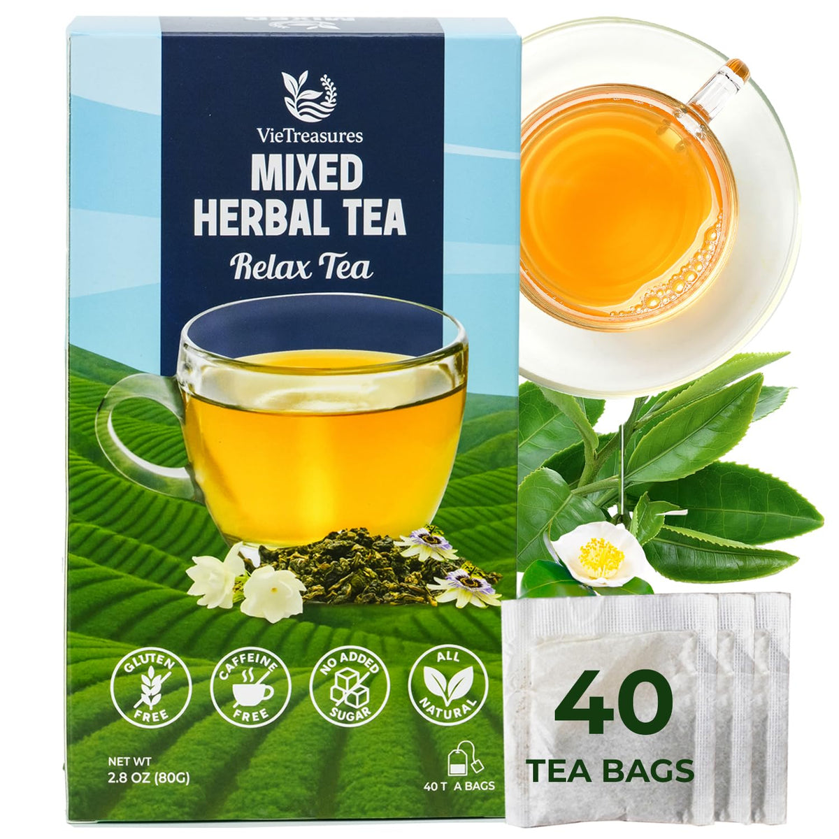 VieTreasures Relax Mix Herbal Tea, 2.8oz, 40 Tea Bags