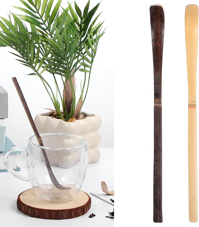 2 Pcs Matcha Spoons, Bamboo Scoop Tea Leaf Sticks Tea Whisk Scooping Teas Ceremony Utensil Chashaku Hooked Green Teas Spoon for measuring Coffee Powder Espresso Lover Spices Condiments