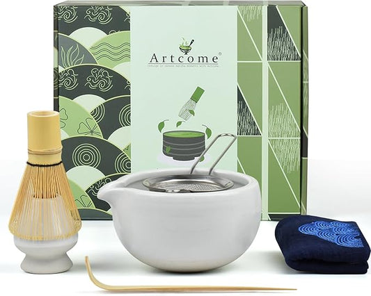 Artcome 7 Pcs Complete Matcha Ceremony Kit for Tea Ceremony, Bowl with Pouring Spout, Whisk, Tea Scoop, Matcha Powder Strainer, Matcha Tea Set For Making Usucha, Koicha and Matcha Latte (White)