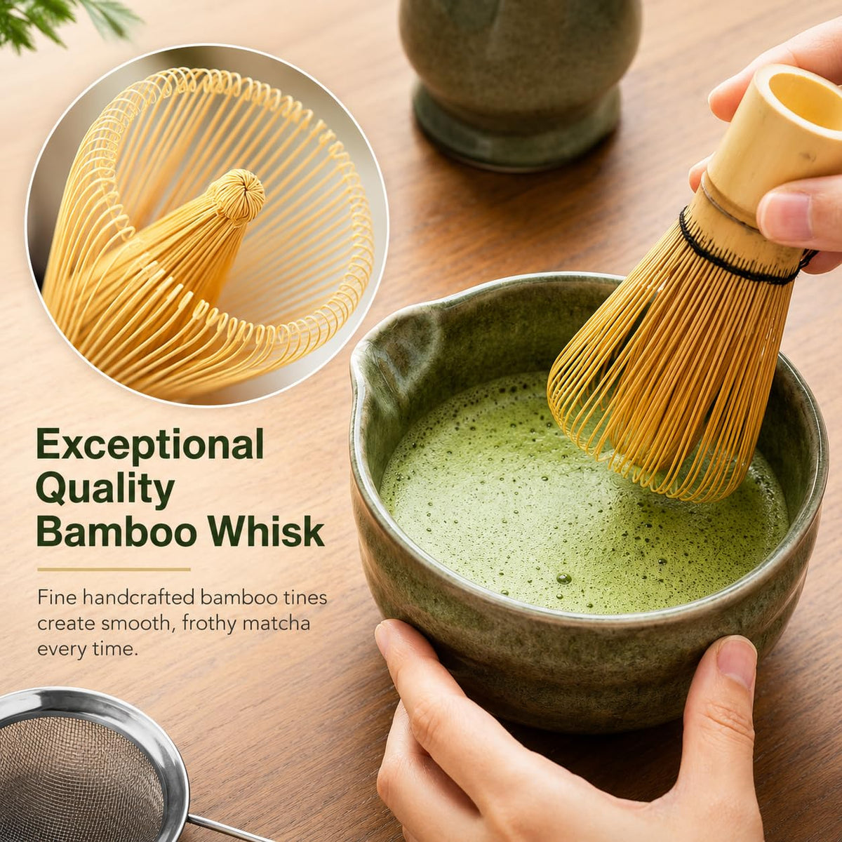 Buucup Matcha Set, Matcha Bowl with Spout, Matcha Whisk and Holder, Bamboo matcha Scoop and Stainless Sifter - 5 Pcs Jade