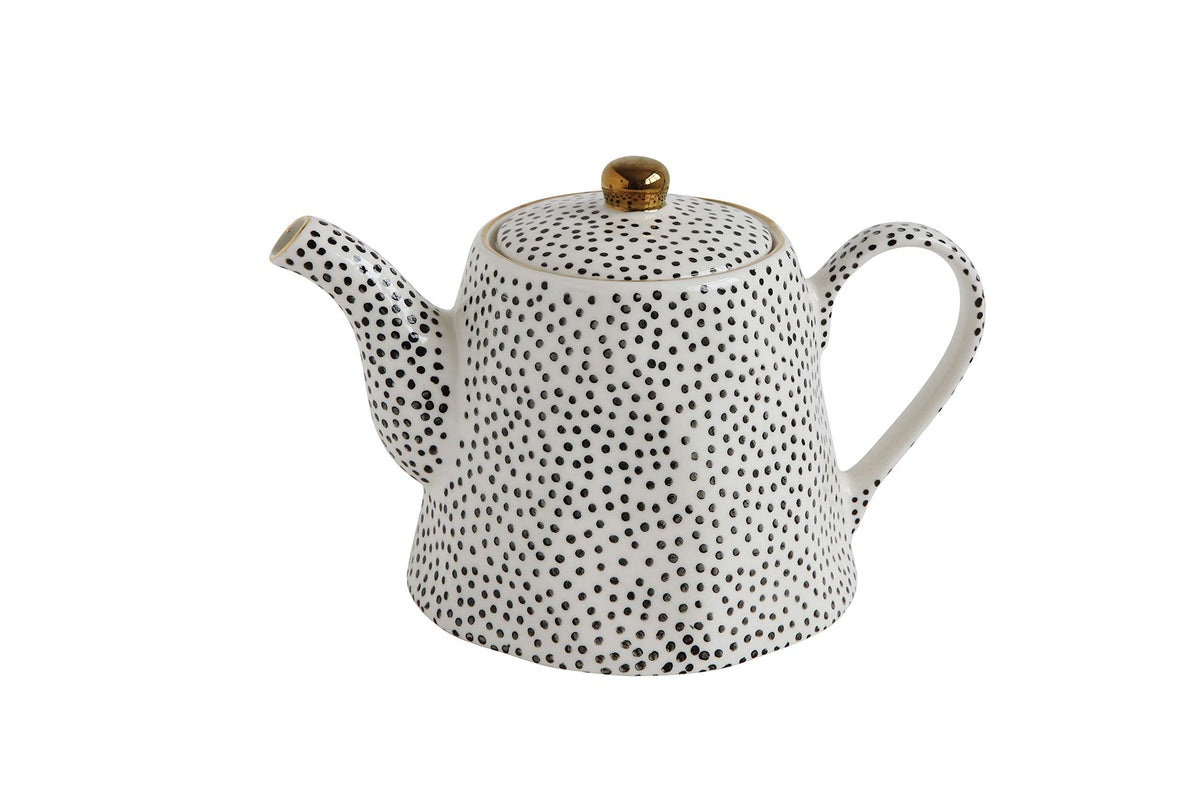 Creative Co-Op 32-Ounce Stoneware Teapot with Black Speckles and Gold Electroplated Accents, Black and White