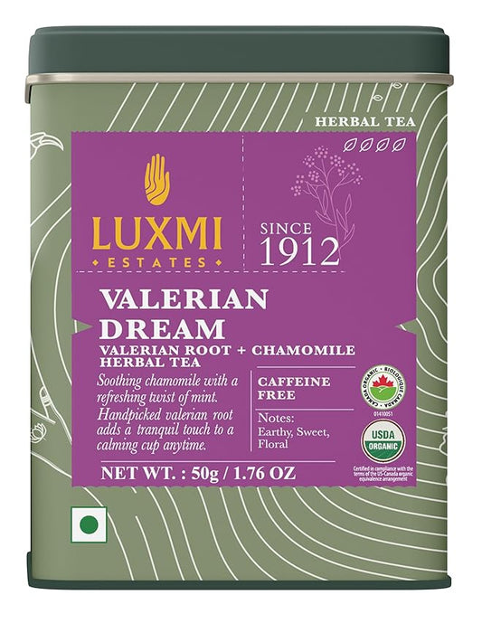 Luxmi Estates - Valerian Dream - Organic Valerian Root Tea for Sleep - Loose Leaf - 50g (25 Cups) | with Valerian Root, Chamomile & Lavender | Perfect Wellness Sleep Tea