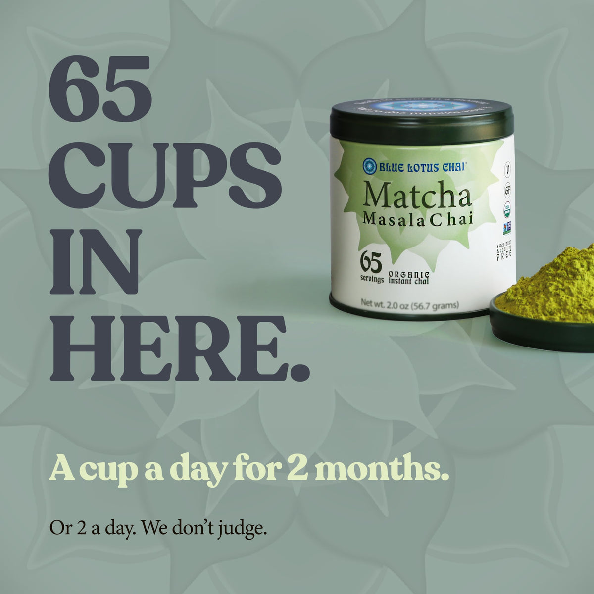 Blue Lotus Chai – Organic Matcha Masala Chai - Makes 65 Cups – Just Add Hot Water, No Steeping, No Gluten - 2 Ounce Masala