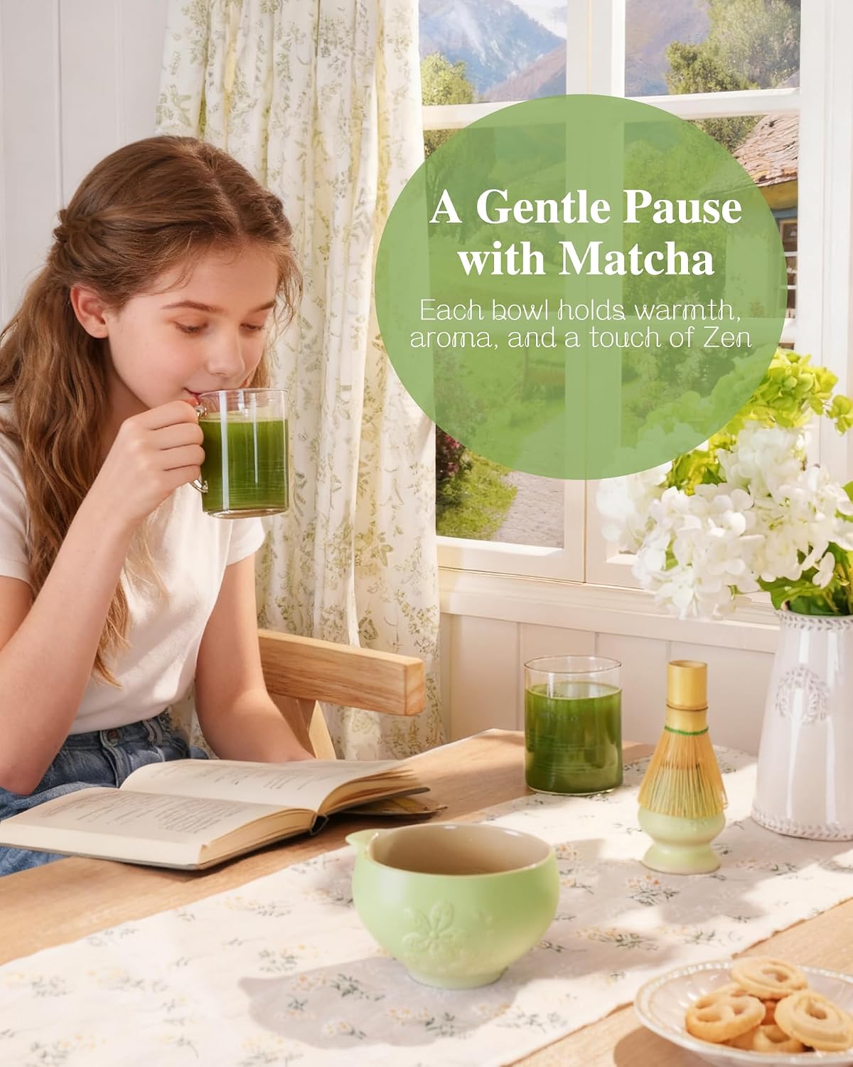 ZENS Premium Matcha Whisk Set, 6pcs Matcha Kit for Matcha Latte, Green | Ceramic Matcha Set Icludes Ceramic Bowl, Bamboo Whisk, Chasen Holder, Scoop, 304 Sifter &amp; Tea Mat, Japanese Tea Ceremony