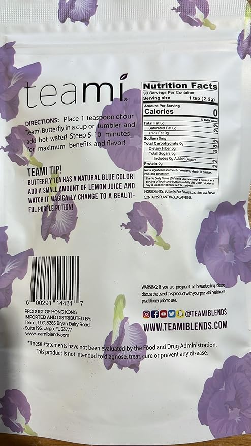 Teami Pure Butterfly Pea Flower Tea - Blue & Purple Dried Butterfly Pea Flower Supports Health and Beauty - Caffeine-Free Hand Selected Jasmine Infused Premium Tea - 30 servings per bag