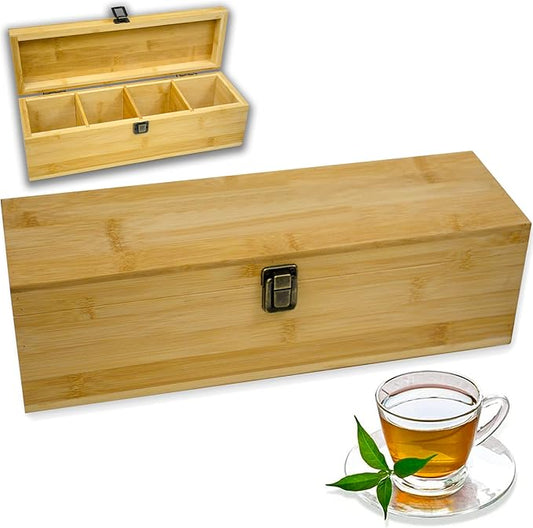 Bamboo Tea Organizer Box Chemical Free Eco-Friendly Big, Tall, Adjustable Cubbies Natural Wooden Storage Chest (4-Slot Across 14.3"x 4.4" x 4.2")