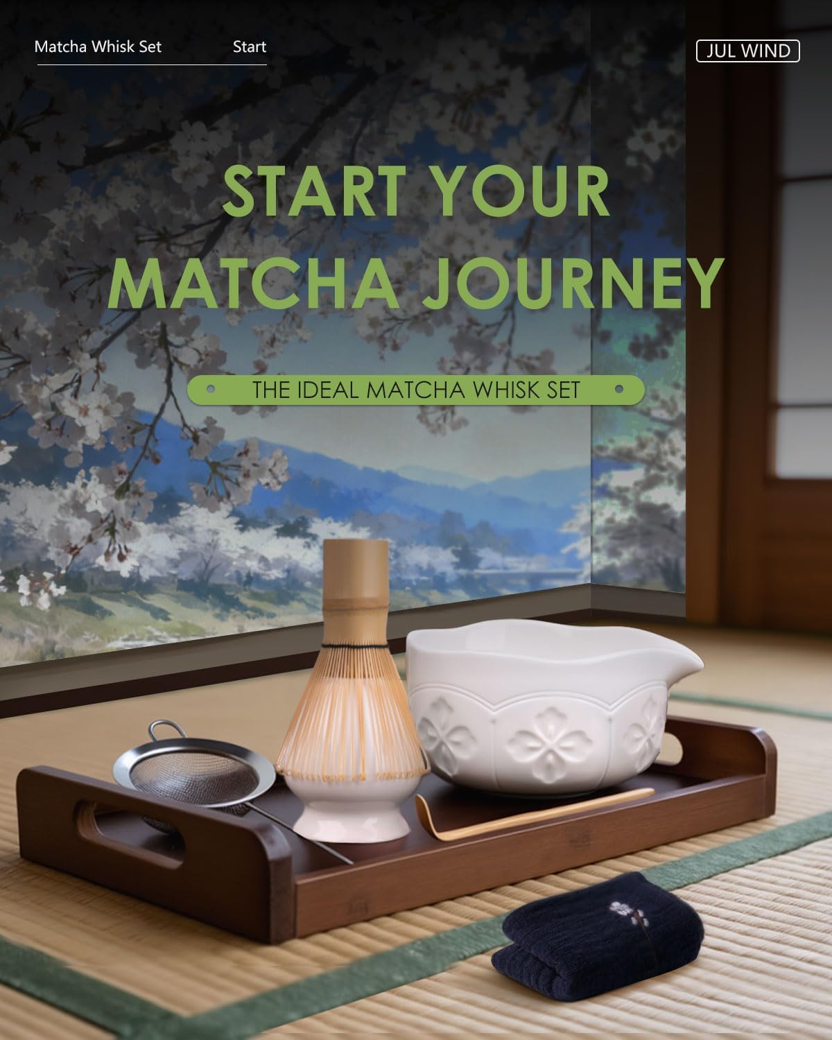 Matcha Whisk Set, Matcha Set Includes Bamboo Whisk, Ceramic Bowl | Holder, Spout, Bamboo Scoop, Sifter &amp; Tea Towel - 6 Pcs Matcha Kit Gift for Matcha Lovers Beginners