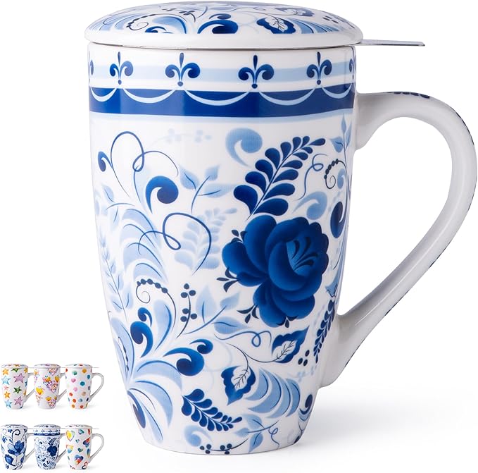 Gbhome Tea Mug with Infuser and Lid, 18 Ounce Large Ceramic Loose Leaf Tea Cup, Microwave, Dishwasher Safe Tea Steeping Mug