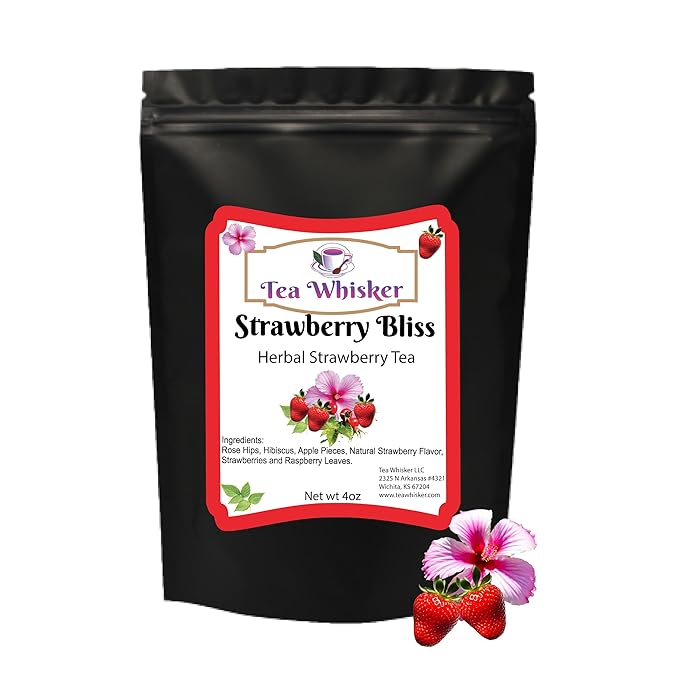 Tea Whisker - Strawberry Bliss | Fruity Herbal | Loose Leaf Tea | 4 Ounce Pouch | Serve Iced or Hot | Non-Caffeinated