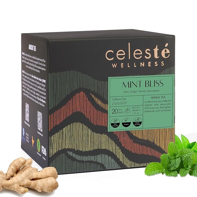 Celeste Mint Bliss, Ginger Mint Tea with Lemongrass & Fennel 15 Pyramid Herbal Tea Bags Natural Ingredients