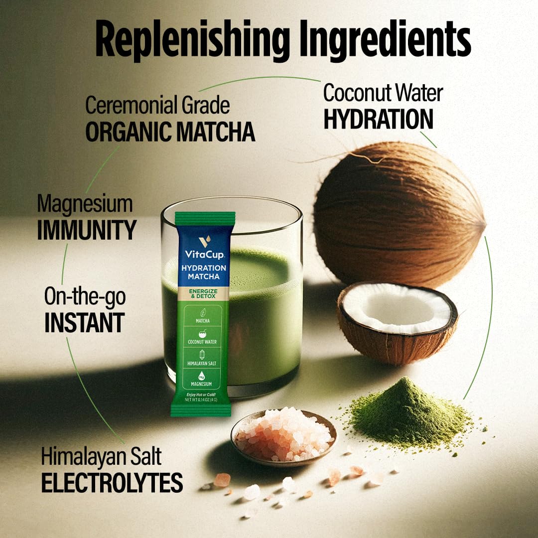 VitaCup Hydration Matcha Instant Packets w/Electrolytes, 10ct | for Natural Energy and Detox, w/Electrolytes, Ceremonial Grade Organic Matcha, Coconut Water, Pink Himalayan Salt, Magnesium