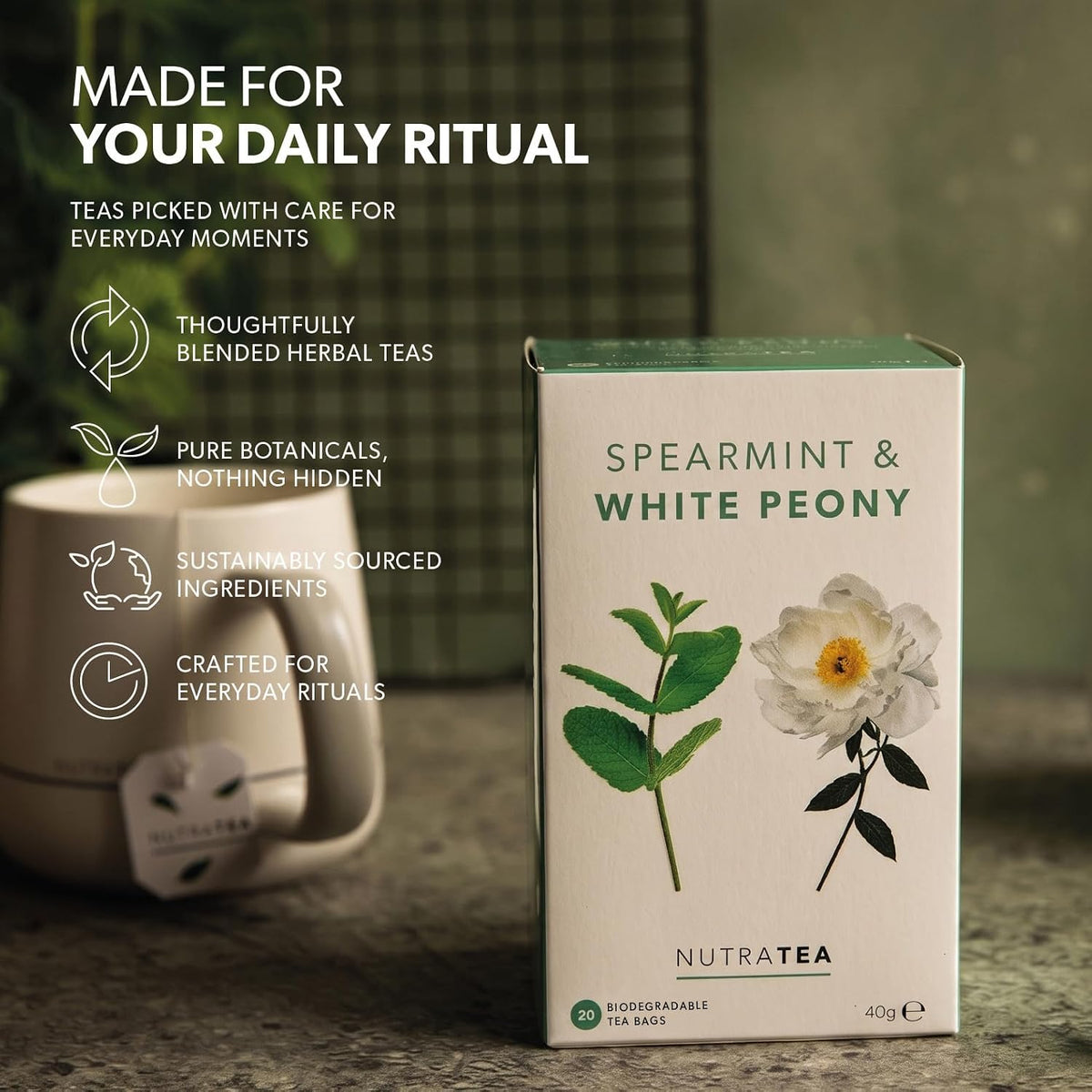 Nutra Tea - Spearmint &amp; White Peony – Spearmint Tea, PCOS Tea - For Digestion, Women's Health &amp; Acne - 20 Individually Wrapped Bags - Herbal Infusion (1 Pack)