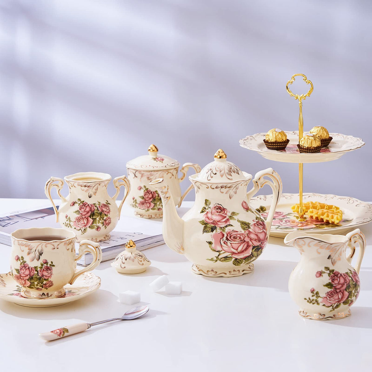 YOLIFE Small Pink Rose Teapot, 25 OZ / 2 Cup Vintage Porcelain Tea Pot