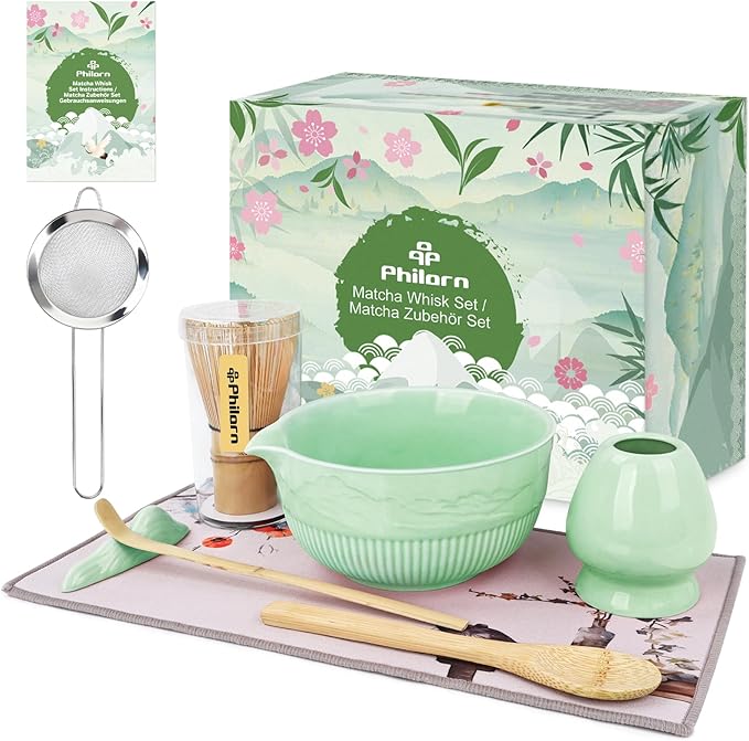 Philorn Matcha Whisk Set, 9Pcs Ceramic Macha Kit, Matcha Set Whisk and Bowl with Spout, Whisks, Holder, Bamboo Scoop, Scoop Rest