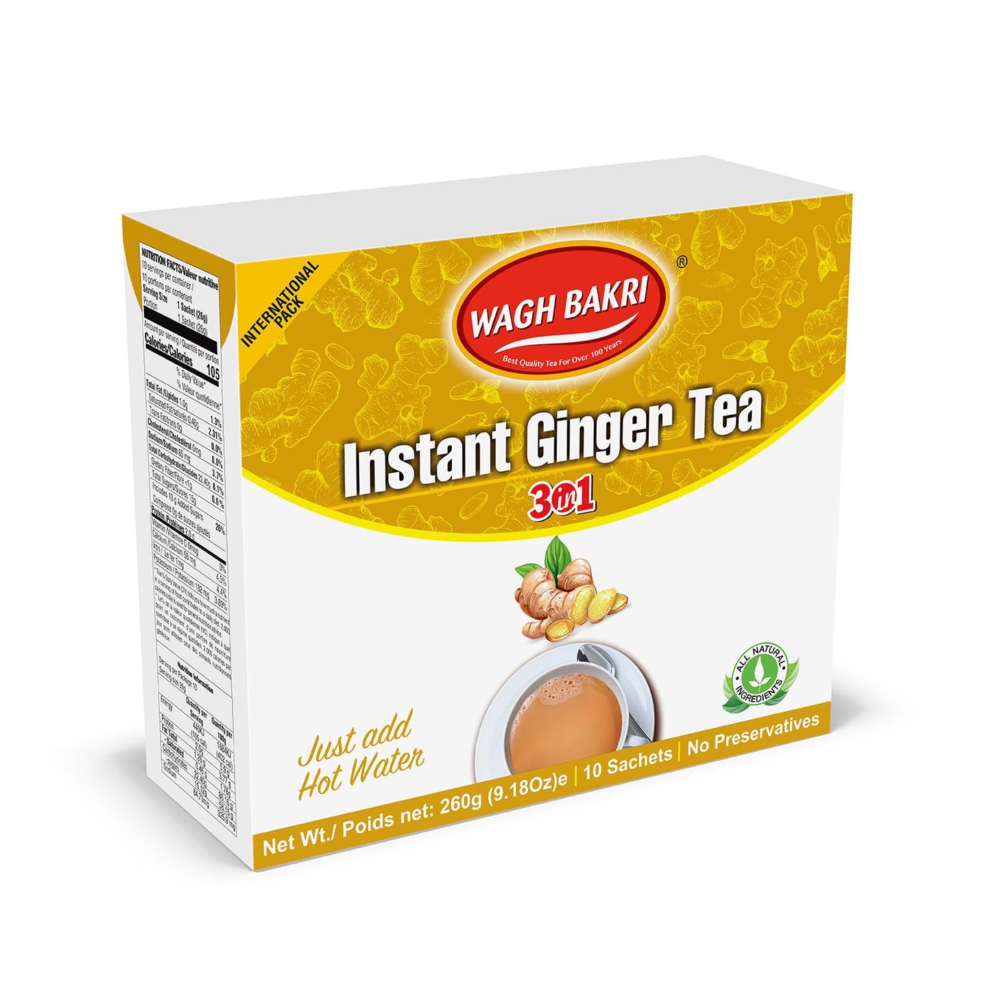 Wagh Bakri Instant Ginger Tea, 3 in 1, Just add Hot Water - 260 grams, 10 Sachets, Stirrers Inside [International Pack]