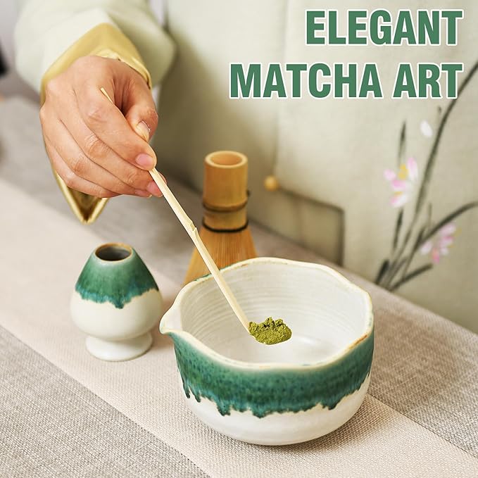Pottery Matcha Set - Japanese Handcrafted Matcha Tea Bowl Mineral Glaze Bowl with Spout, Bamboo Whisk, Scoop & Chasen Holder