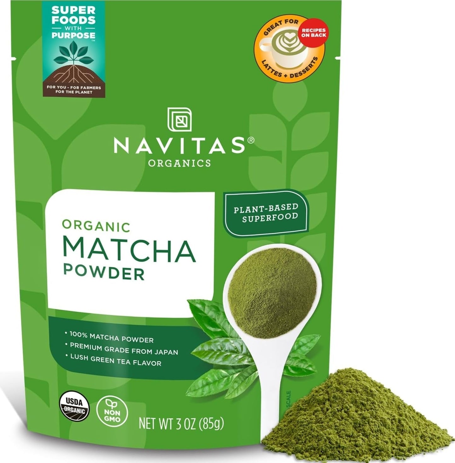 Navitas Organics Matcha Powder – For Tea, Lattes, Smoothies, Desserts &amp; More – Energy &amp; Antioxidants – Premium Culinary Grade – USDA Organic, Non GMO, Gluten Free, Kosher, Vegan (3oz. Bag 85 Servings)