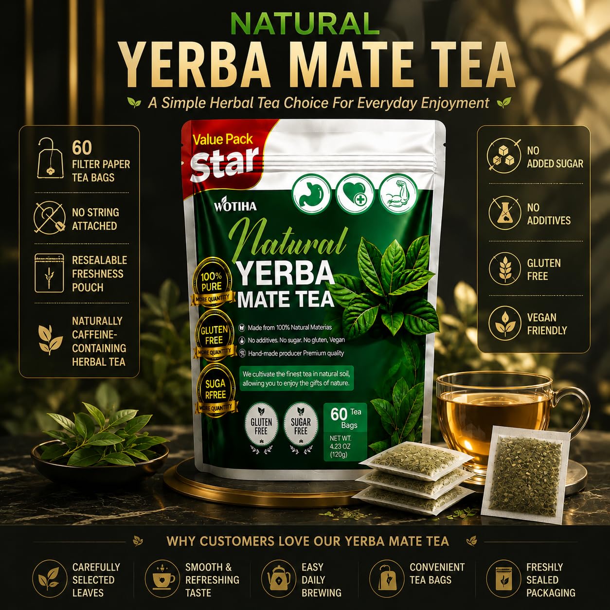 WOTIHA 60 Count Premium Unsmoked Yerba Mate Tea Bags - Sourced from Argentina, 100% Pure &amp; Natural Energy, Coffee Alternative, Additive-Free, Sugar-Free, Gluten-Free, Vegan, Non-GMO