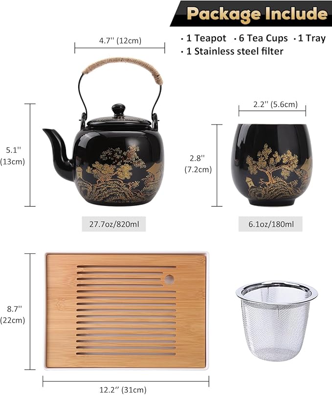 Dujust Japanese Tea Set, Black Porcelain Tea Set with 1 Teapot Set, 6 Tea Cups, 1 Tea Tray, 1 Stainless Infuser, Beautiful Asian Tea Sets for Adults