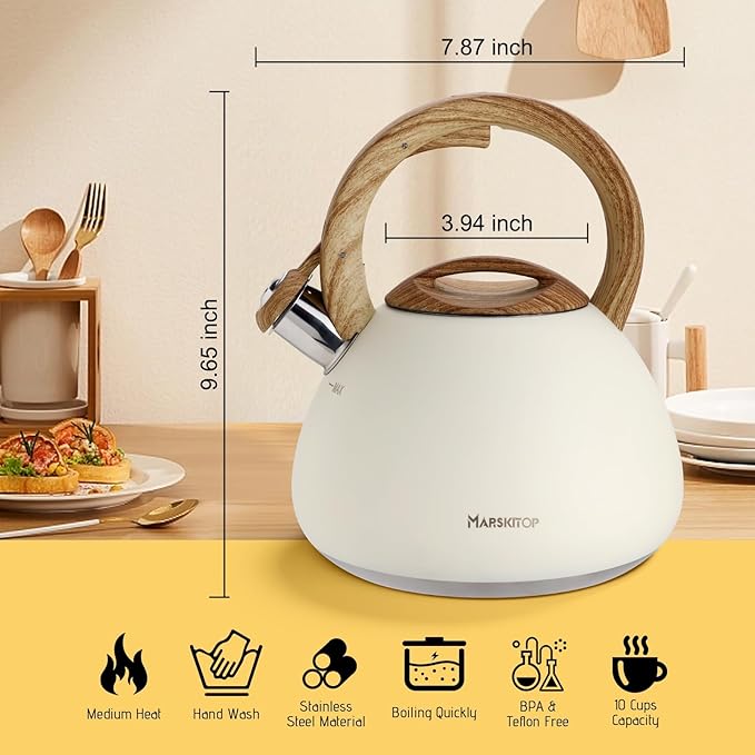 Marskitop Tea Kettle, 2.6 Quart Tea Pot for Stove, Food Grade Stainless Steel Whistling Teapot for Stovetop with Anti-Hot Handle