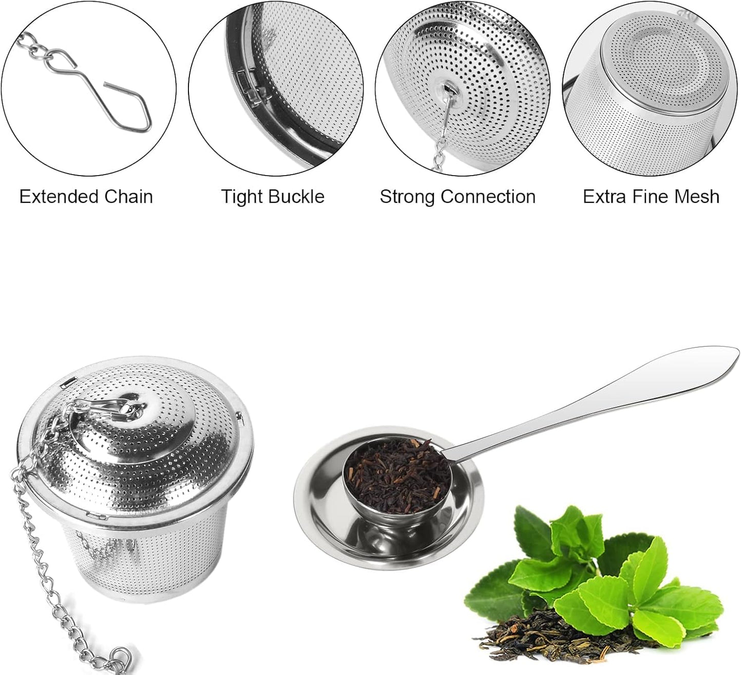 Numola Tea Ball Infuser for Loose Tea with Spoon and Drip Tray, 2Pcs | Loose Leaf Tea Infusers Set, Fine Mesh Tea Steeper, With Spoon and Drip Trays, Extended Chain Hook, Gifts for Men and Women
