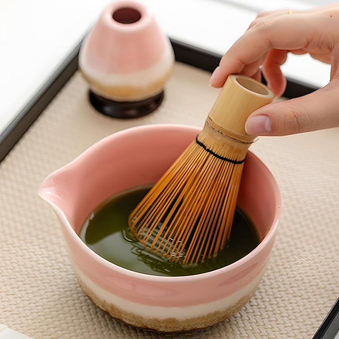 Pink Matcha Whisk Set, Ceramic & Bamboo Matcha Kit with Bowl, Whisk, Holder, Scoop, Sifter, Tea Towel Mat.Give gifts to family and friends