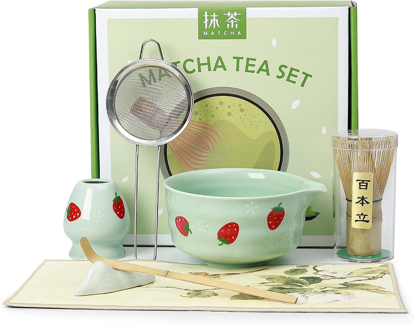 Koythin 7-Piece Blue-Green Strawberry Matcha Ceramic Tool Set | Full Matcha Preparation Set, Multi-Piece Matching Decor; Perfect Tea Lover Gift