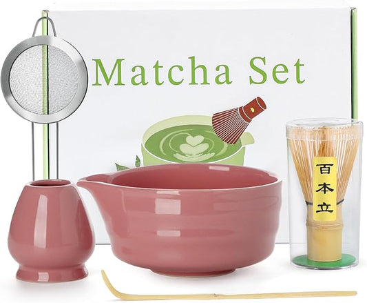 5PCS Pink Matcha Set - 17OZ Ceremonial Bowl with Spout, Bamboo Whisk (Chasen), Stainless Sifter, Scoop & Holder, Matcha Kit for Matcha Lovers, Pink