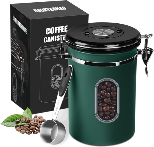 ROCKY&amp;CHAO Airtight Coffee Canister with Date Tracker &amp; Transparent Window, 22OZ Large Tea Coffee Canisters, Coffee Storage Canister, Coffee Container with 30ml Measure Spoon and 4 Co2 Valve(Green)